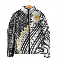 Black Vintage Tonga Ngatu Pattern With Plumeria Padded Jacket - Polynesian Pride