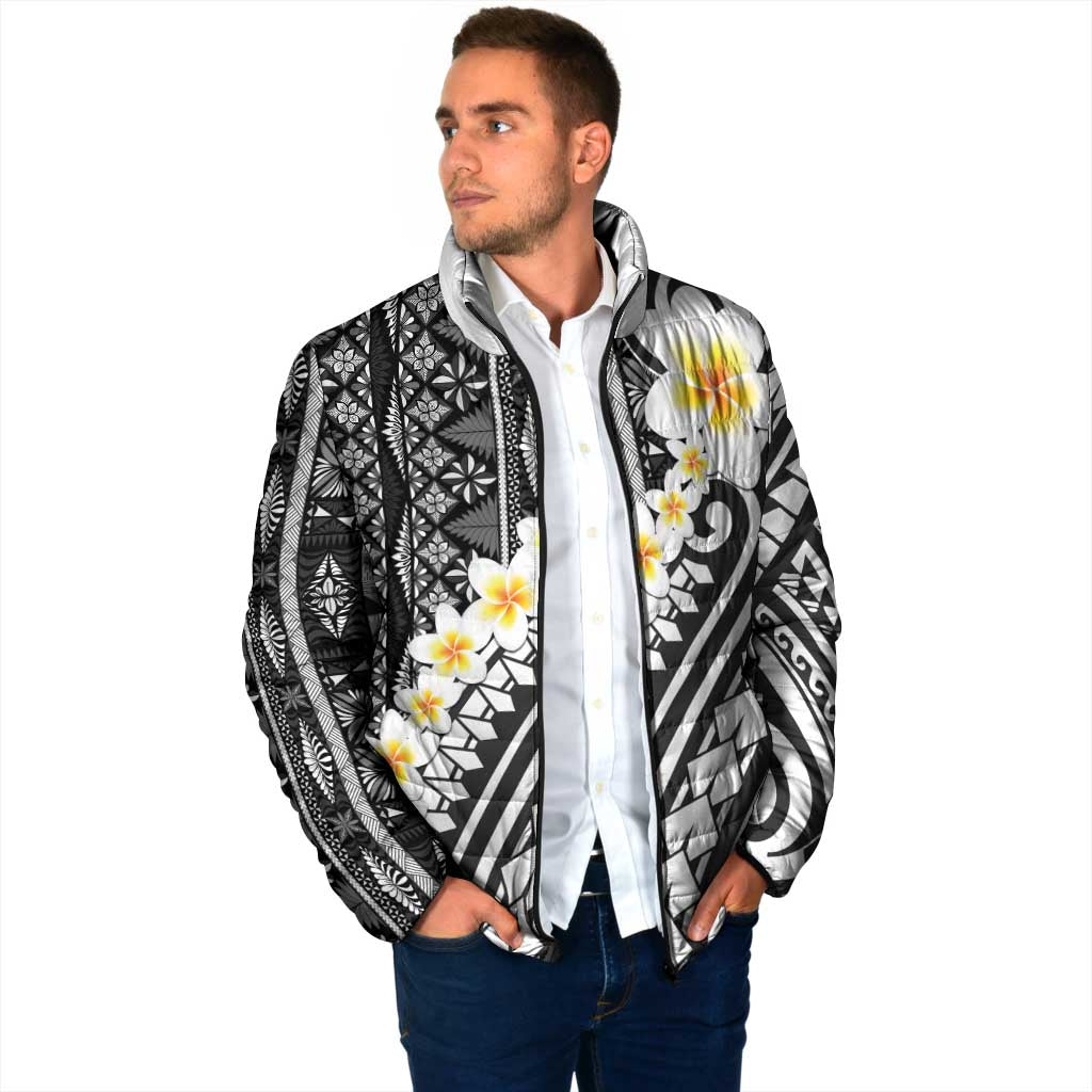 Black Vintage Tonga Ngatu Pattern With Plumeria Padded Jacket - Polynesian Pride