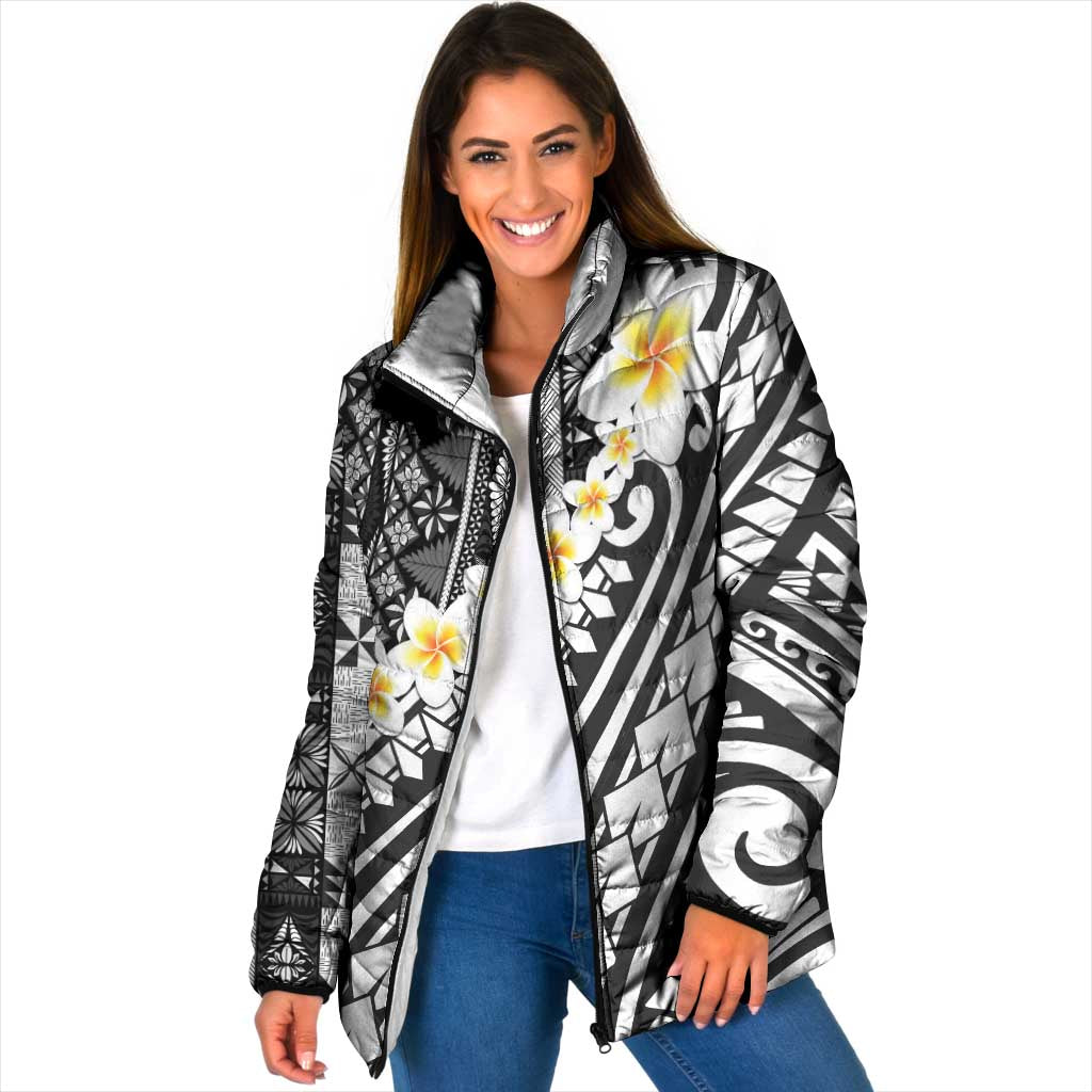 Black Vintage Tonga Ngatu Pattern With Plumeria Padded Jacket - Polynesian Pride