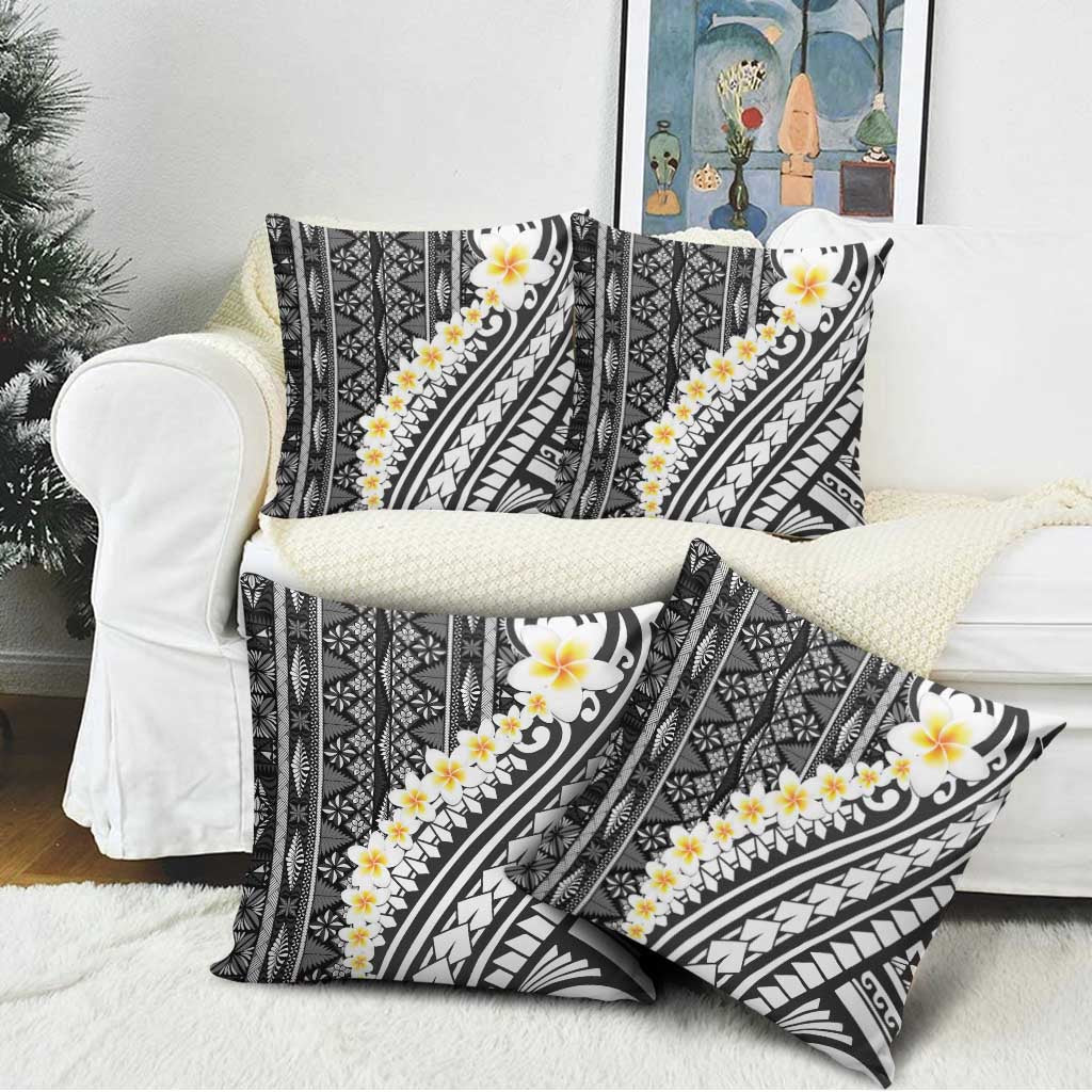 Black Vintage Tonga Ngatu Pattern With Plumeria Pillow Cover - Polynesian Pride