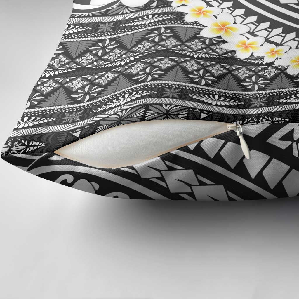 Black Vintage Tonga Ngatu Pattern With Plumeria Pillow Cover - Polynesian Pride