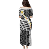 Black Vintage Tonga Ngatu Pattern With Plumeria Puletasi - Polynesian Pride