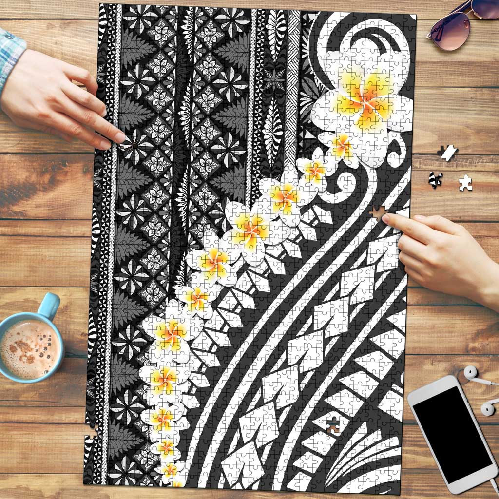 Black Vintage Tonga Ngatu Pattern With Plumeria Puzzle - Polynesian Pride