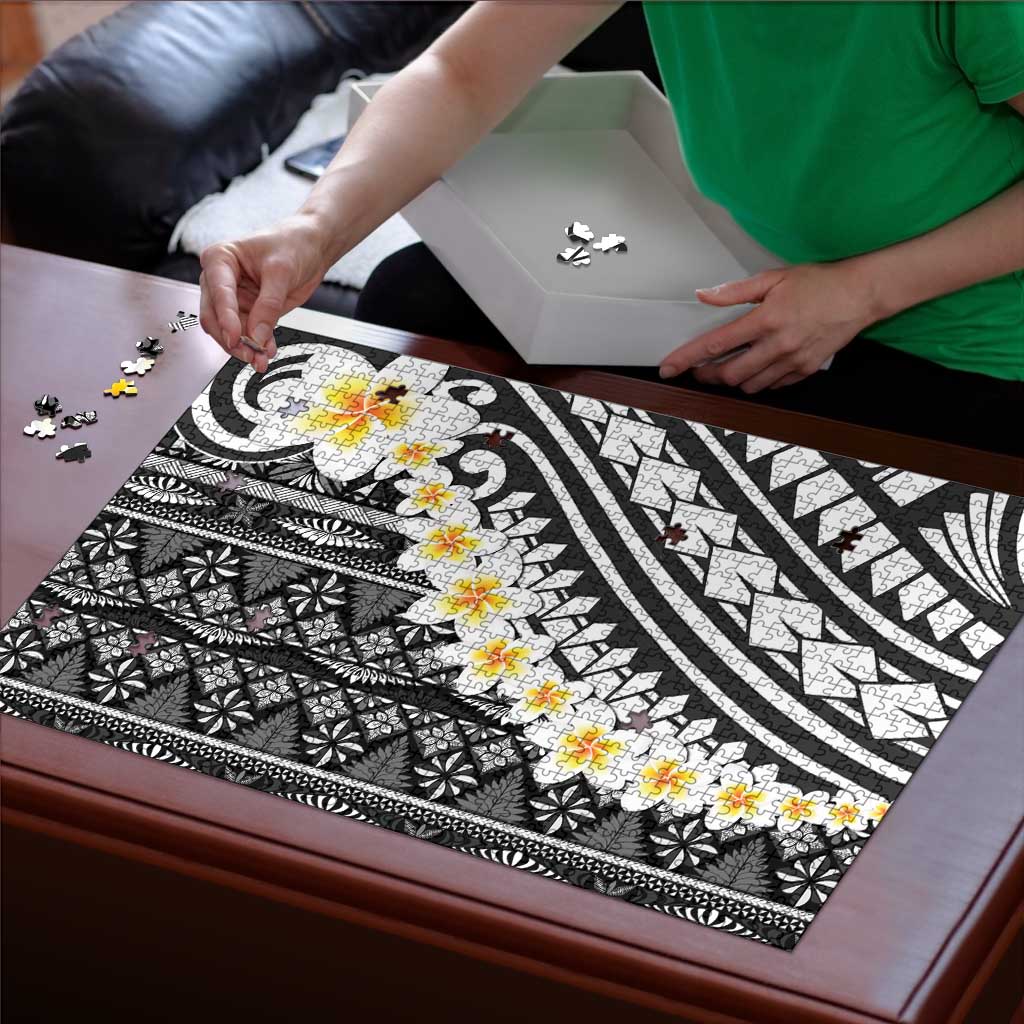 Black Vintage Tonga Ngatu Pattern With Plumeria Puzzle - Polynesian Pride