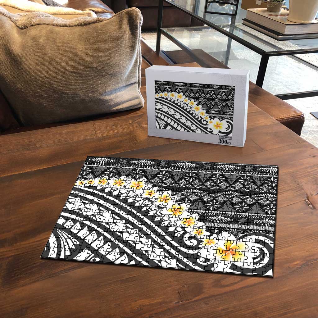 Black Vintage Tonga Ngatu Pattern With Plumeria Puzzle - Polynesian Pride