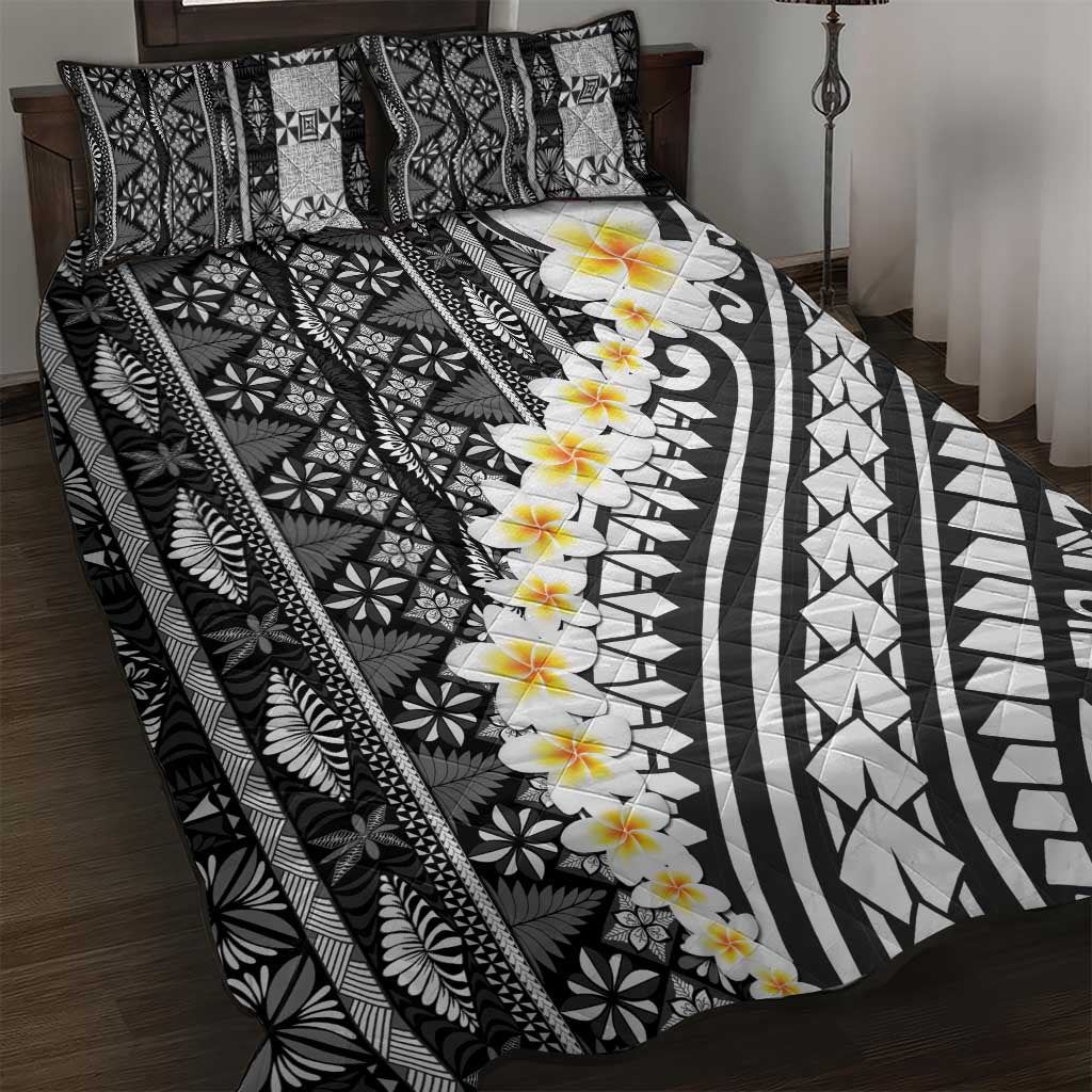 Black Vintage Tonga Ngatu Pattern With Plumeria Quilt Bed Set - Polynesian Pride
