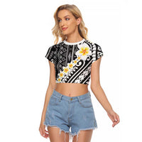 Black Vintage Tonga Ngatu Pattern With Plumeria Raglan Cropped T Shirt - Polynesian Pride