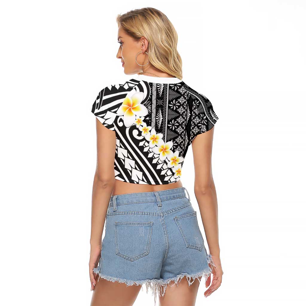 Black Vintage Tonga Ngatu Pattern With Plumeria Raglan Cropped T Shirt - Polynesian Pride