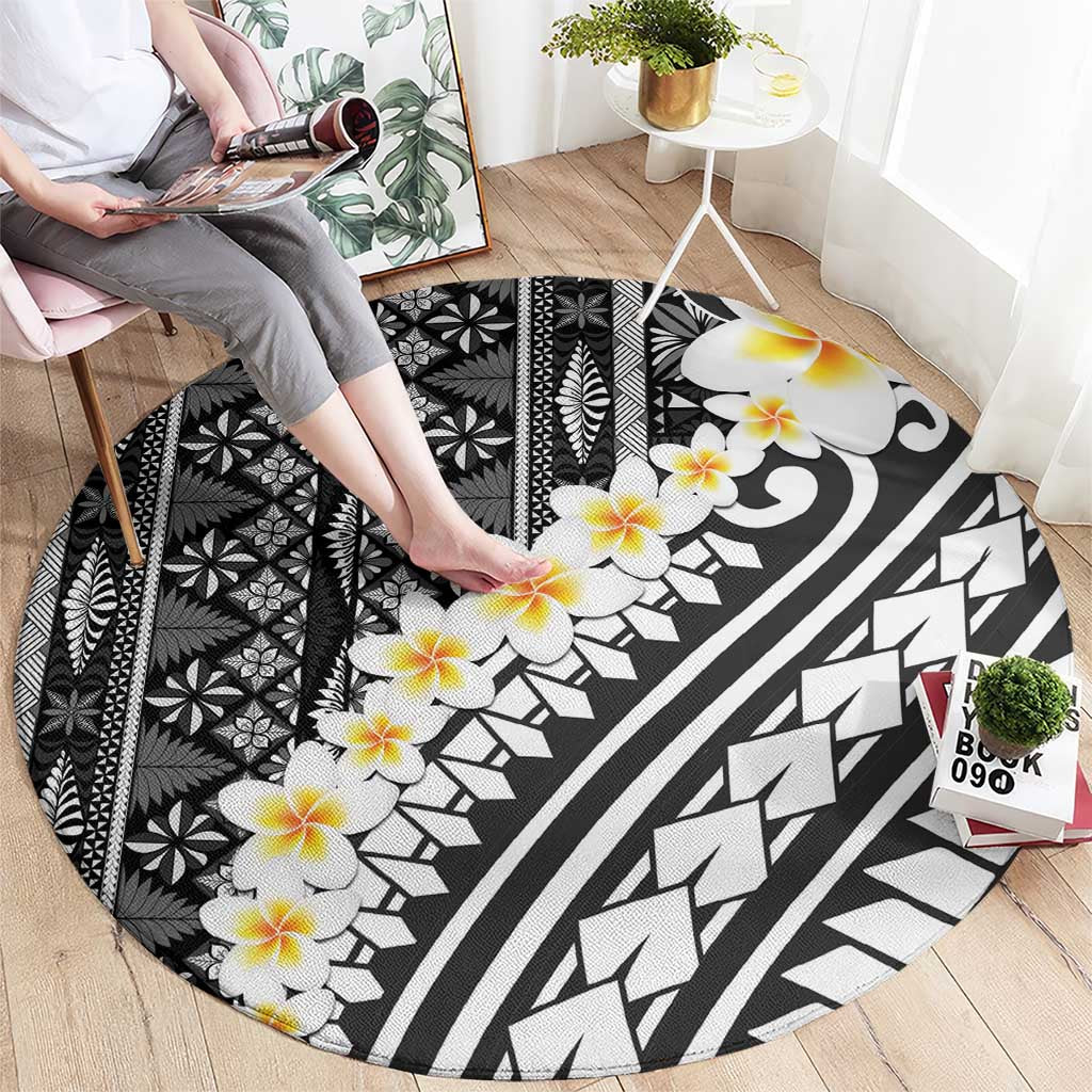 Black Vintage Tonga Ngatu Pattern With Plumeria Round Carpet - Polynesian Pride