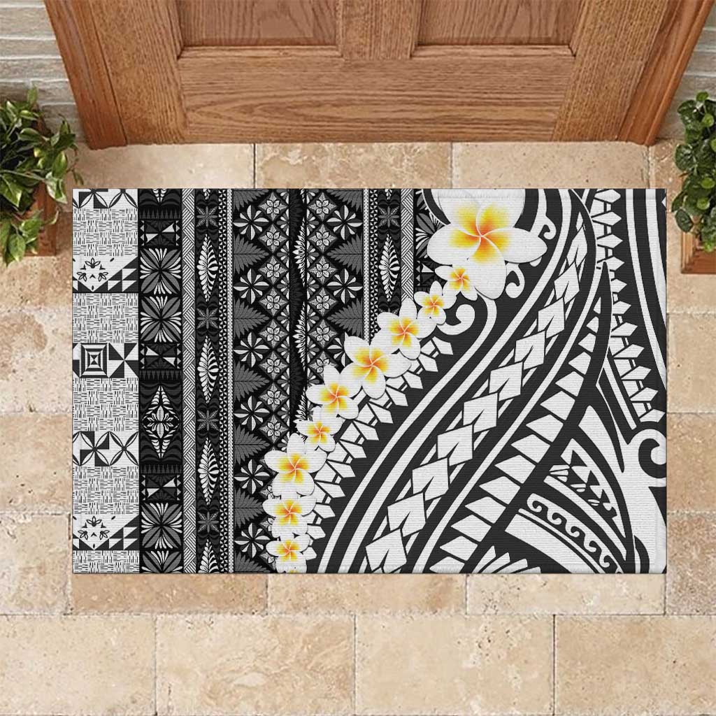 Black Vintage Tonga Ngatu Pattern With Plumeria Rubber Doormat - Polynesian Pride