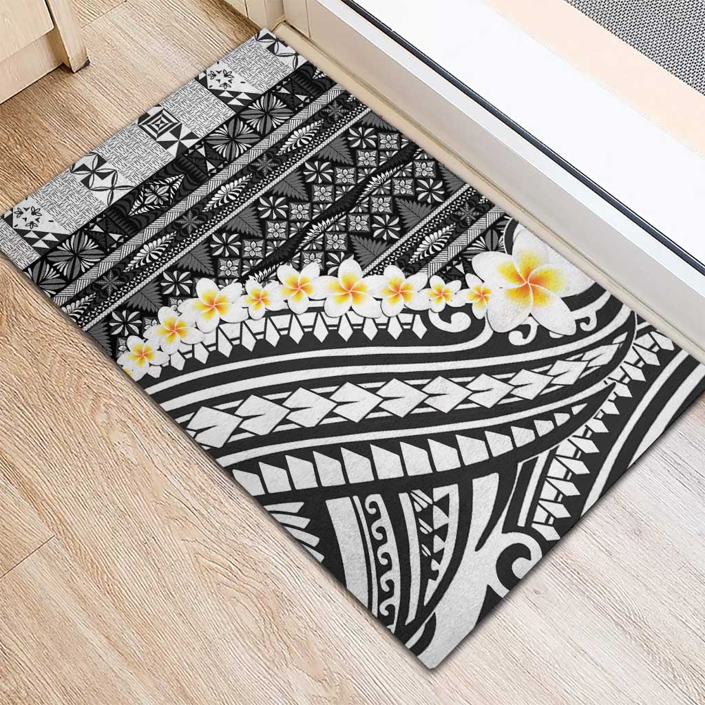 Black Vintage Tonga Ngatu Pattern With Plumeria Rubber Doormat - Polynesian Pride