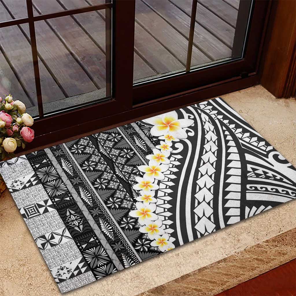 Black Vintage Tonga Ngatu Pattern With Plumeria Rubber Doormat - Polynesian Pride