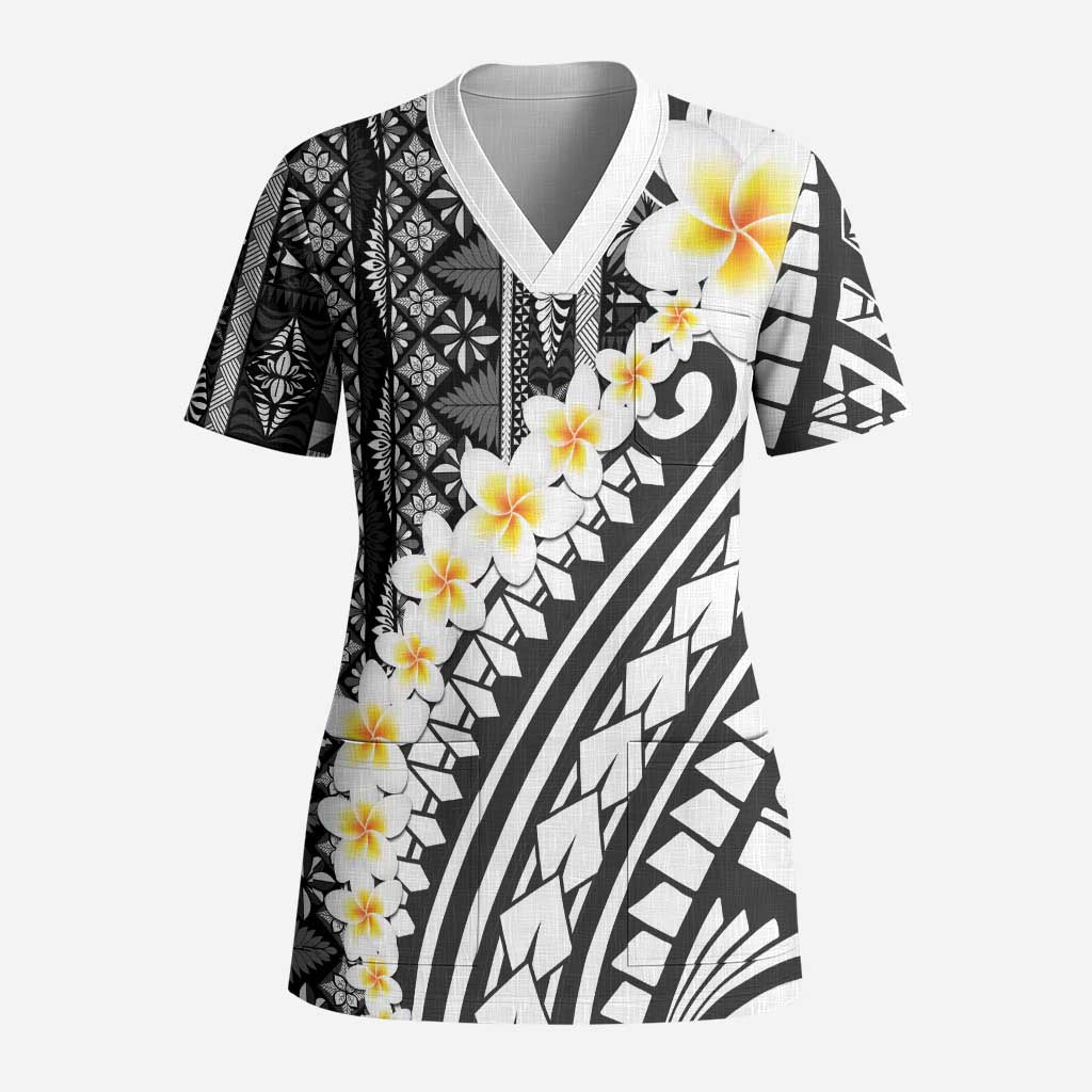 Black Vintage Tonga Ngatu Pattern With Plumeria Scrub Top - Polynesian Pride