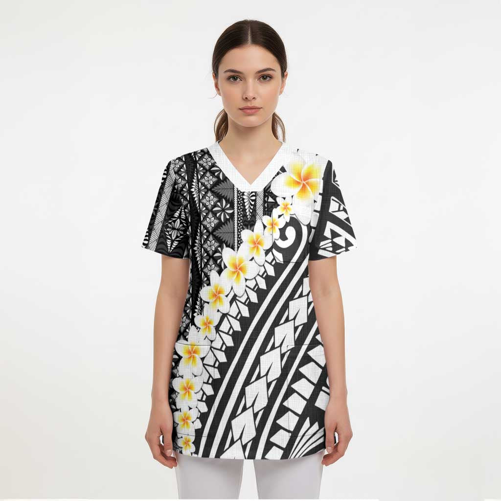 Black Vintage Tonga Ngatu Pattern With Plumeria Scrub Top - Polynesian Pride