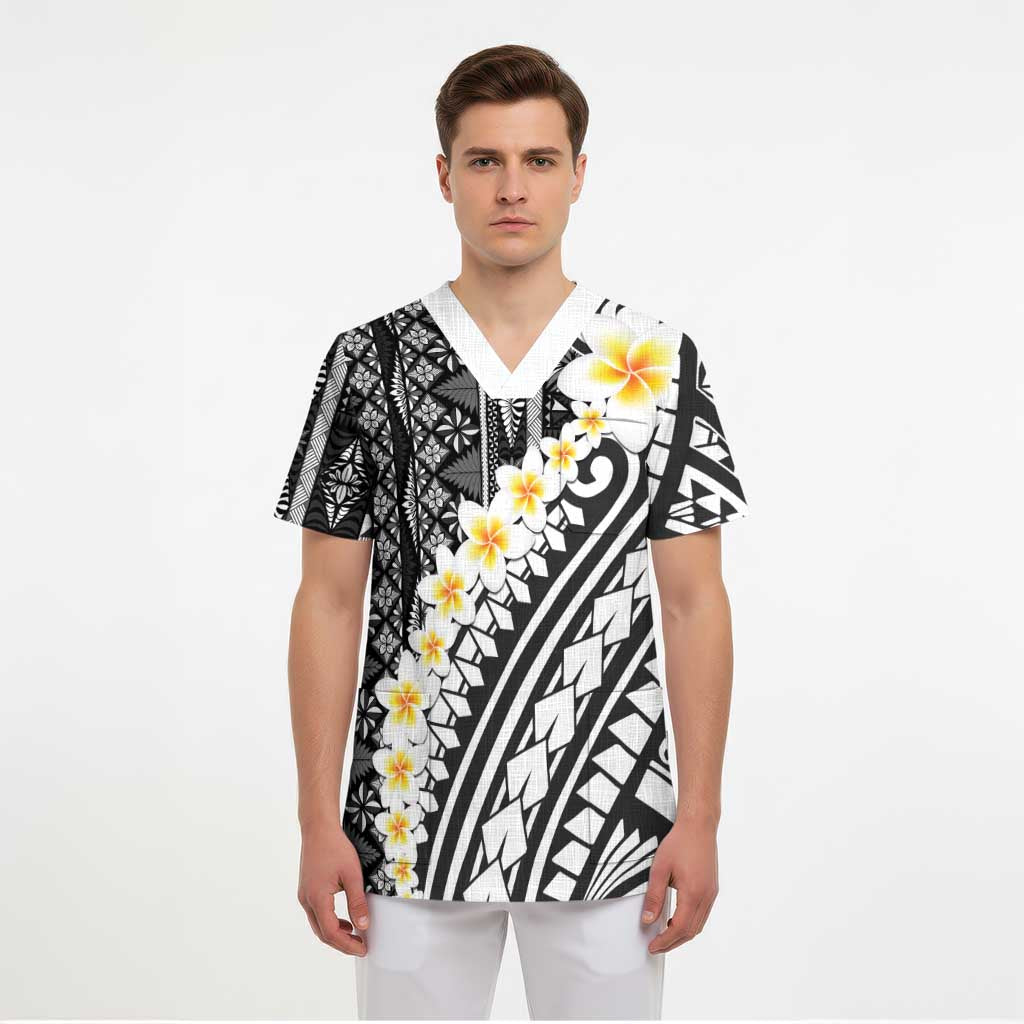 Black Vintage Tonga Ngatu Pattern With Plumeria Scrub Top - Polynesian Pride