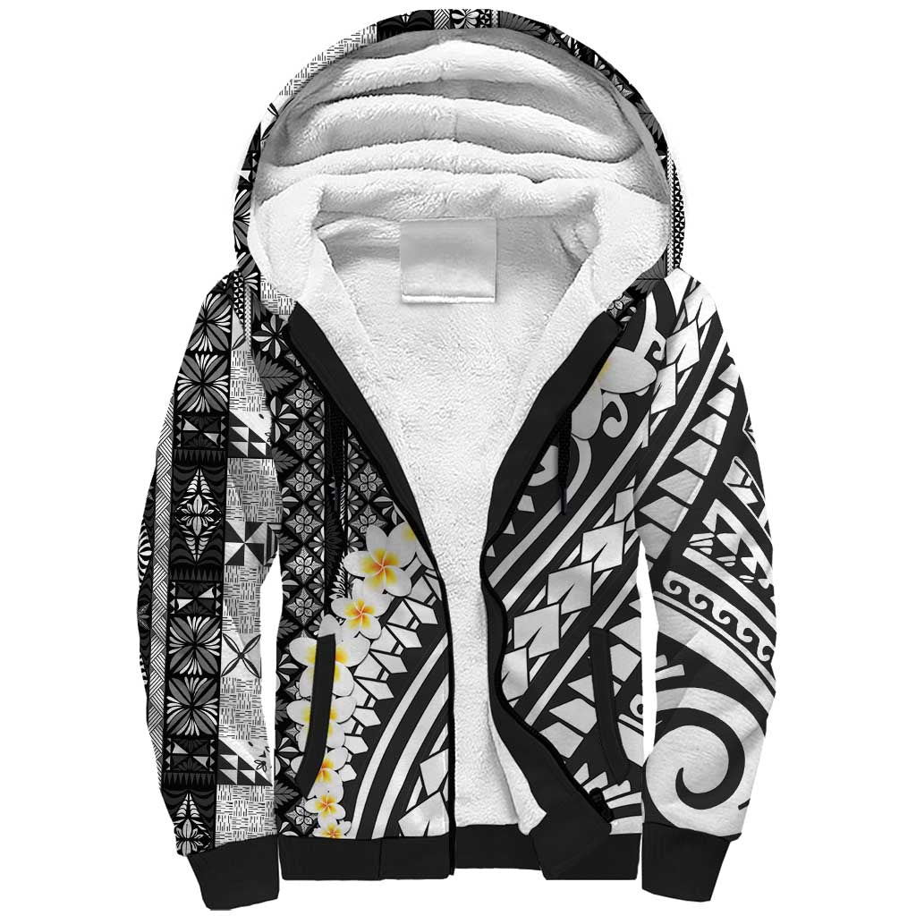 Black Vintage Tonga Ngatu Pattern With Plumeria Sherpa Hoodie - Polynesian Pride