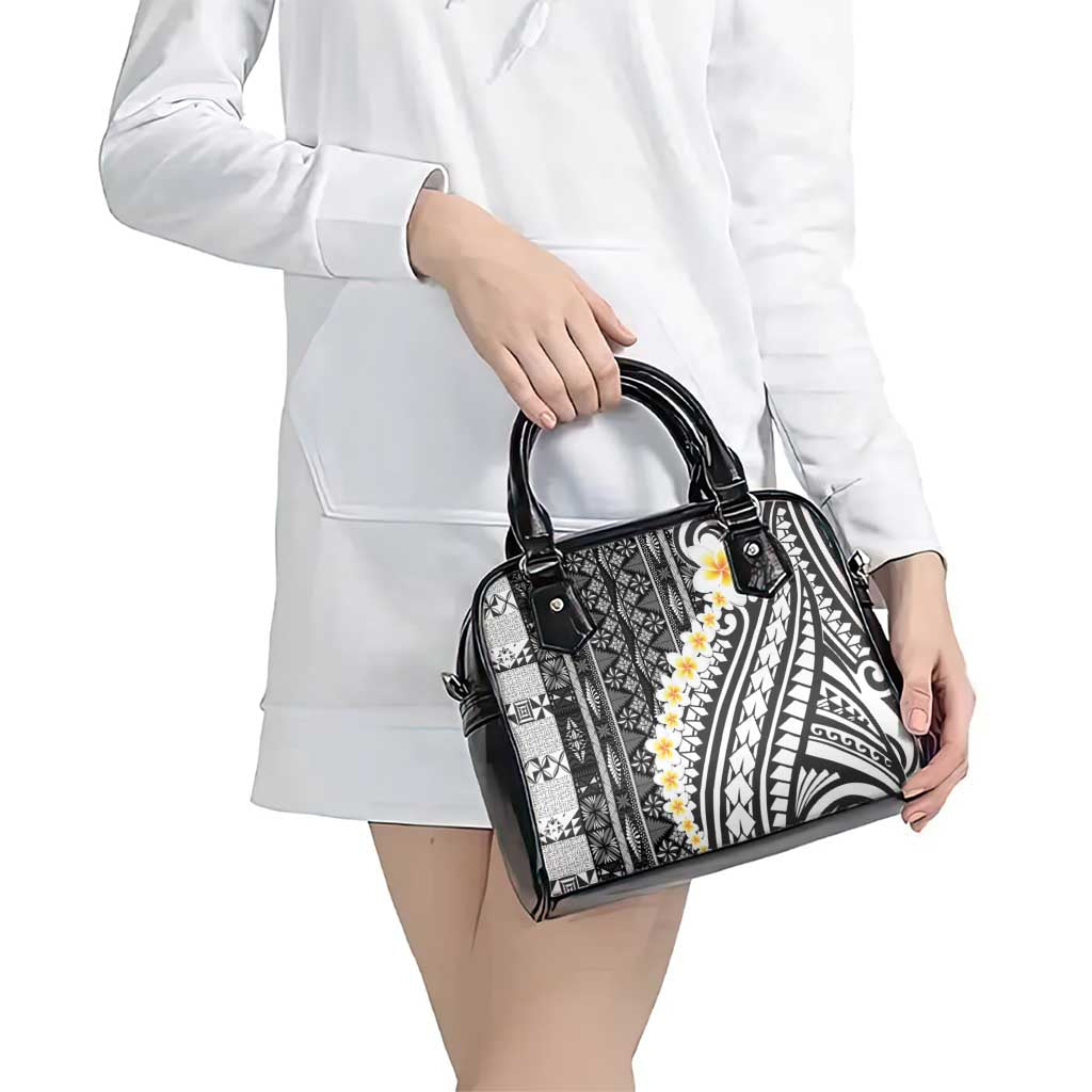Black Vintage Tonga Ngatu Pattern With Plumeria Shoulder Handbag - Polynesian Pride