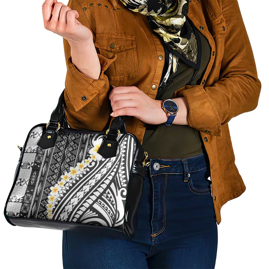 Black Vintage Tonga Ngatu Pattern With Plumeria Shoulder Handbag - Polynesian Pride