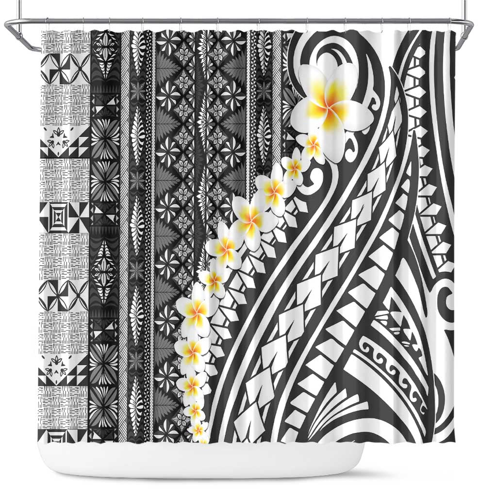 Black Vintage Tonga Ngatu Pattern With Plumeria Shower Curtain - Polynesian Pride
