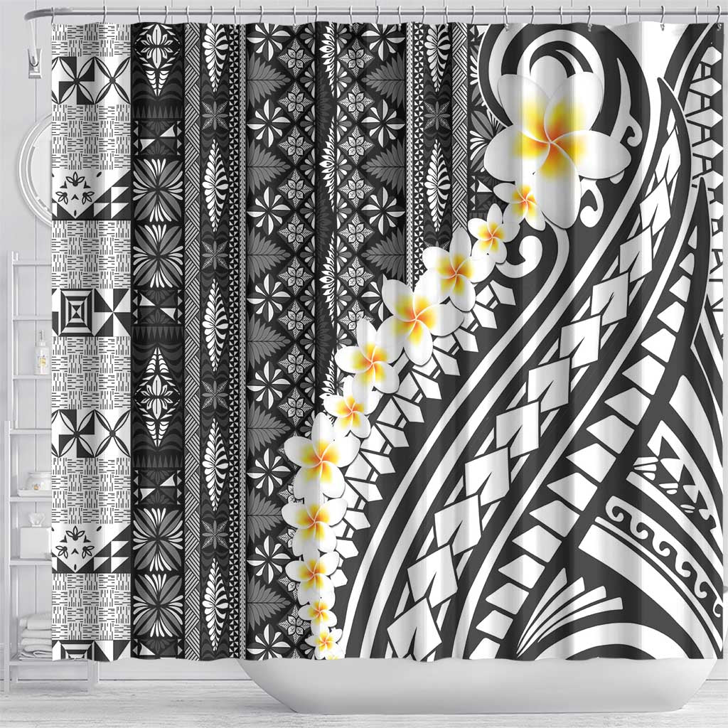 Black Vintage Tonga Ngatu Pattern With Plumeria Shower Curtain - Polynesian Pride