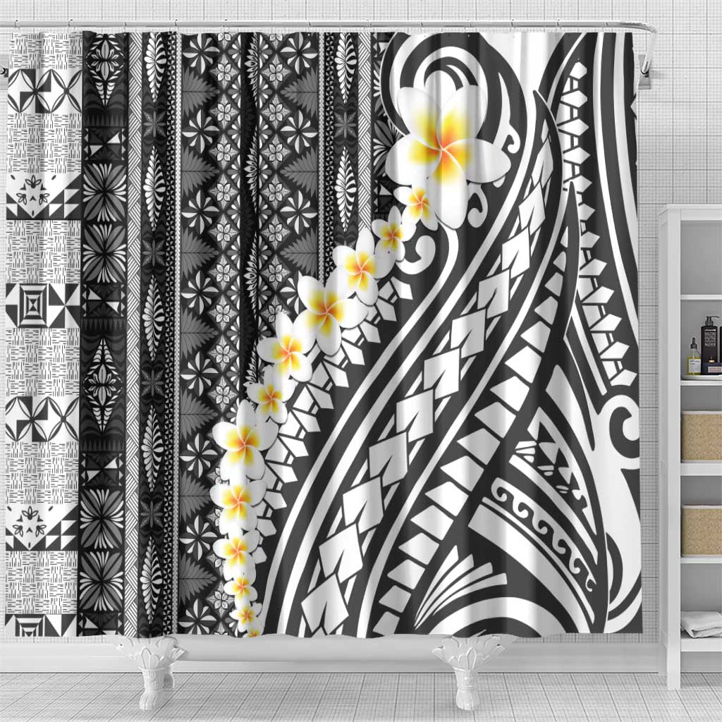 Black Vintage Tonga Ngatu Pattern With Plumeria Shower Curtain - Polynesian Pride