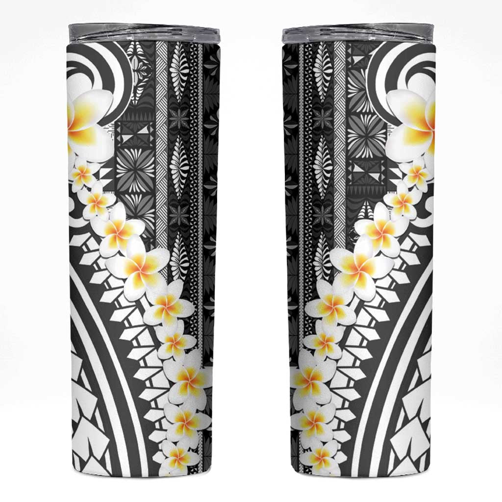 Black Vintage Tonga Ngatu Pattern With Plumeria Skinny Tumbler - Polynesian Pride