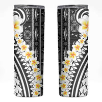 Black Vintage Tonga Ngatu Pattern With Plumeria Skinny Tumbler - Polynesian Pride
