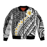 Black Vintage Tonga Ngatu Pattern With Plumeria Sleeve Zip Bomber Jacket - Polynesian Pride