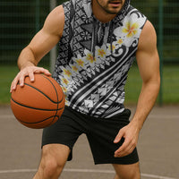 Black Vintage Tonga Ngatu Pattern With Plumeria Sleeveless Hoodie - Polynesian Pride