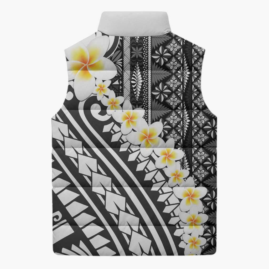 Black Vintage Tonga Ngatu Pattern With Plumeria Sleeveless Puffer Jacket - Polynesian Pride