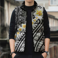 Black Vintage Tonga Ngatu Pattern With Plumeria Sleeveless Puffer Jacket - Polynesian Pride