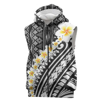 Black Vintage Tonga Ngatu Pattern With Plumeria Sleeveless Zip Hoodie - Polynesian Pride
