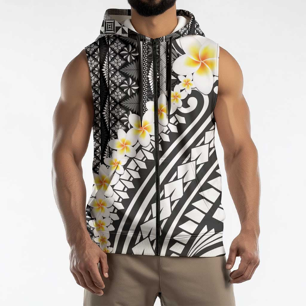 Black Vintage Tonga Ngatu Pattern With Plumeria Sleeveless Zip Hoodie - Polynesian Pride
