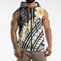 Black Vintage Tonga Ngatu Pattern With Plumeria Sleeveless Zip Hoodie - Polynesian Pride