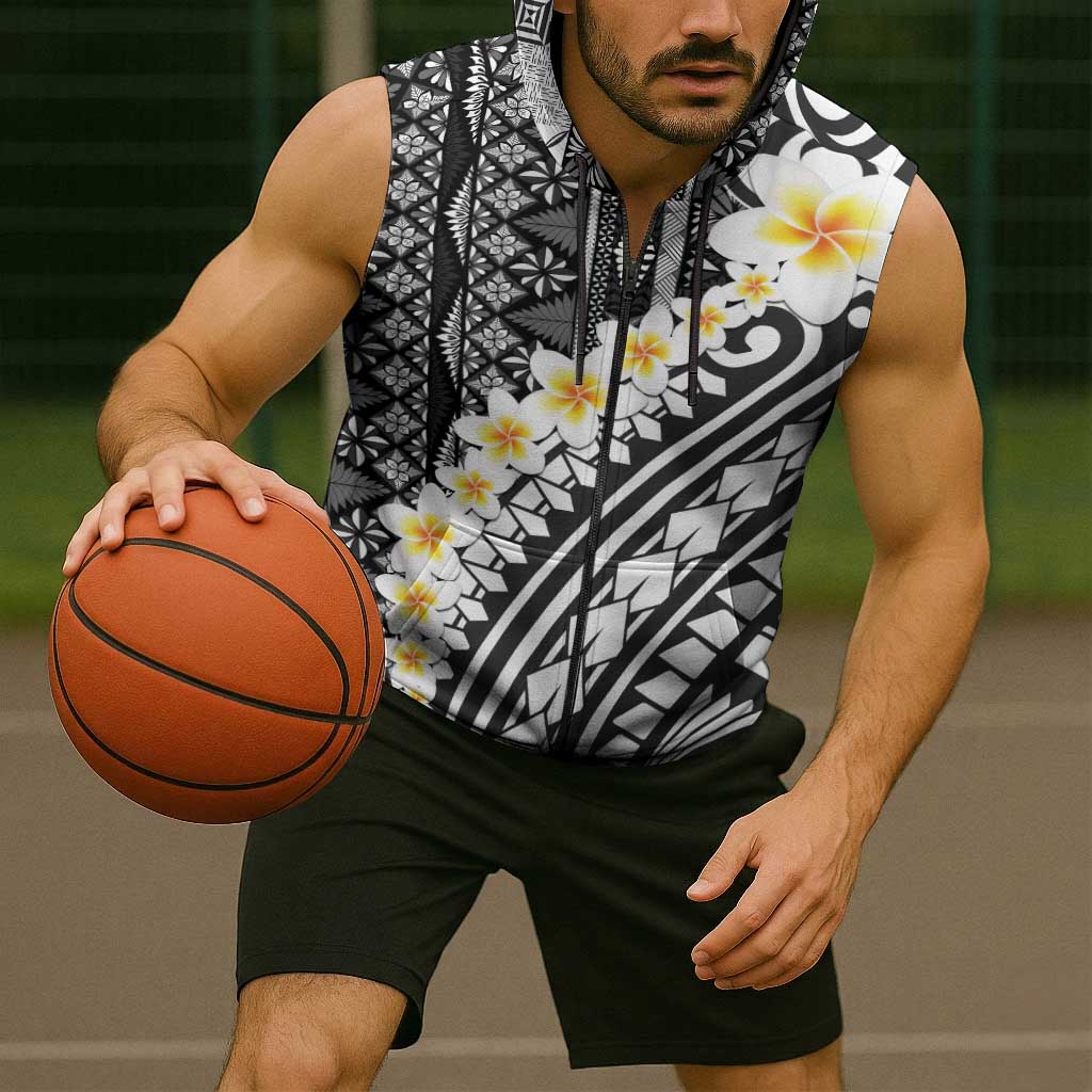 Black Vintage Tonga Ngatu Pattern With Plumeria Sleeveless Zip Hoodie - Polynesian Pride