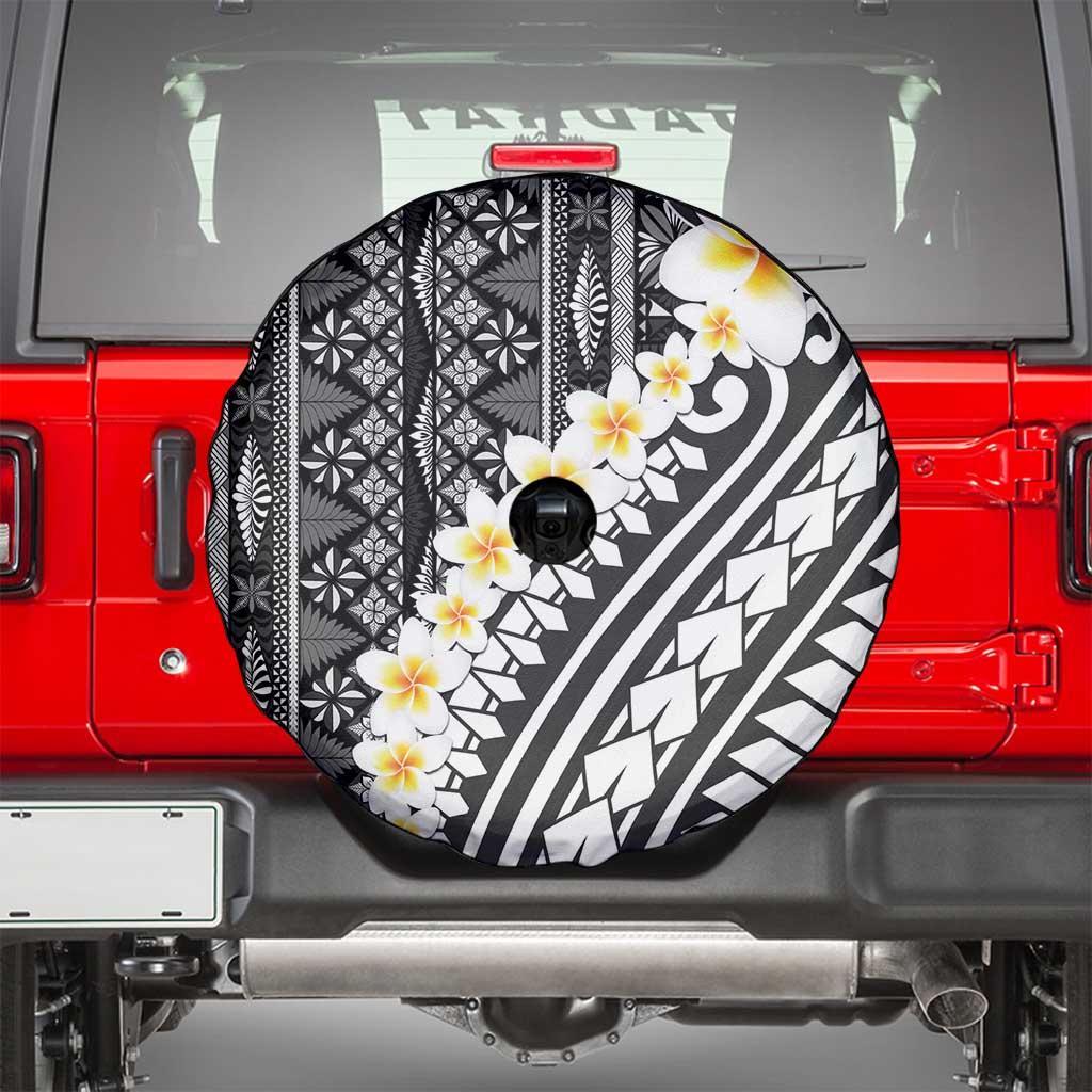Black Vintage Tonga Ngatu Pattern With Plumeria Spare Tire Cover - Polynesian Pride