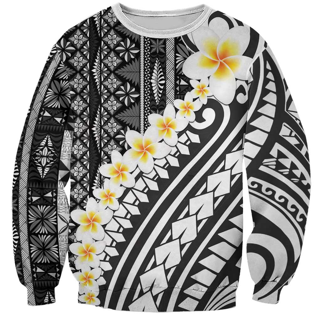 Black Vintage Tonga Ngatu Pattern With Plumeria Sweatshirt - Polynesian Pride