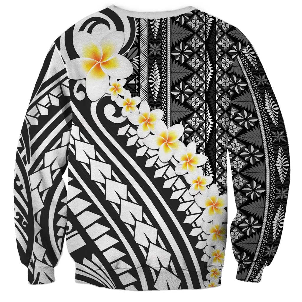 Black Vintage Tonga Ngatu Pattern With Plumeria Sweatshirt - Polynesian Pride