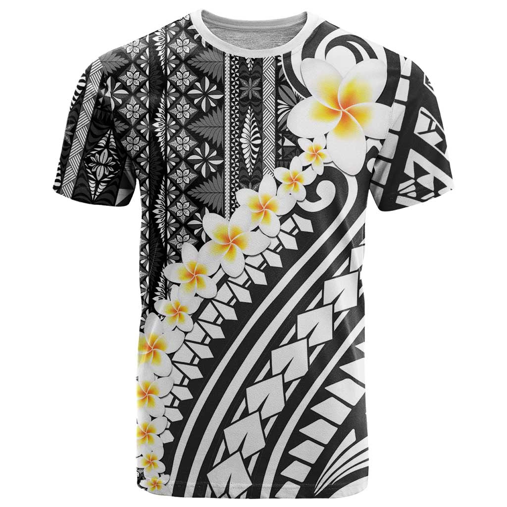 Black Vintage Tonga Ngatu Pattern With Plumeria T Shirt - Polynesian Pride