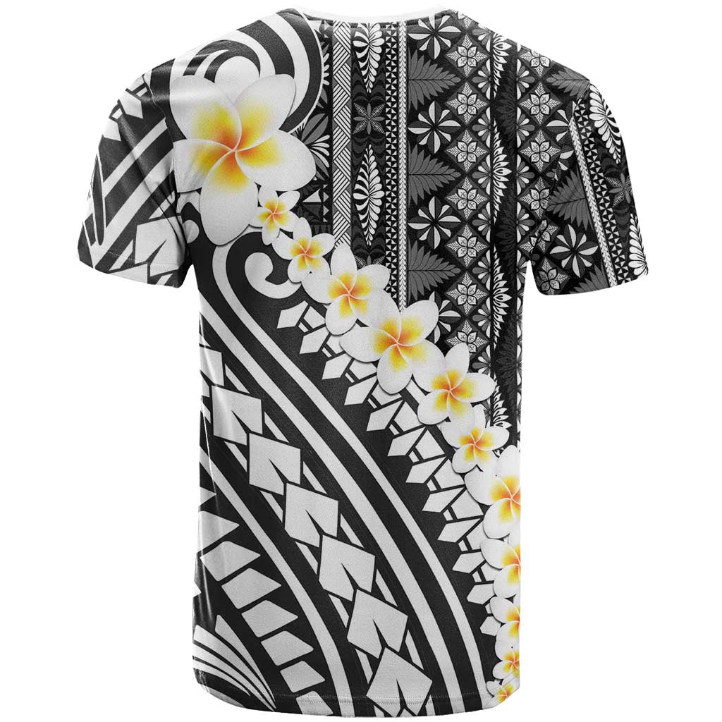 Black Vintage Tonga Ngatu Pattern With Plumeria T Shirt - Polynesian Pride