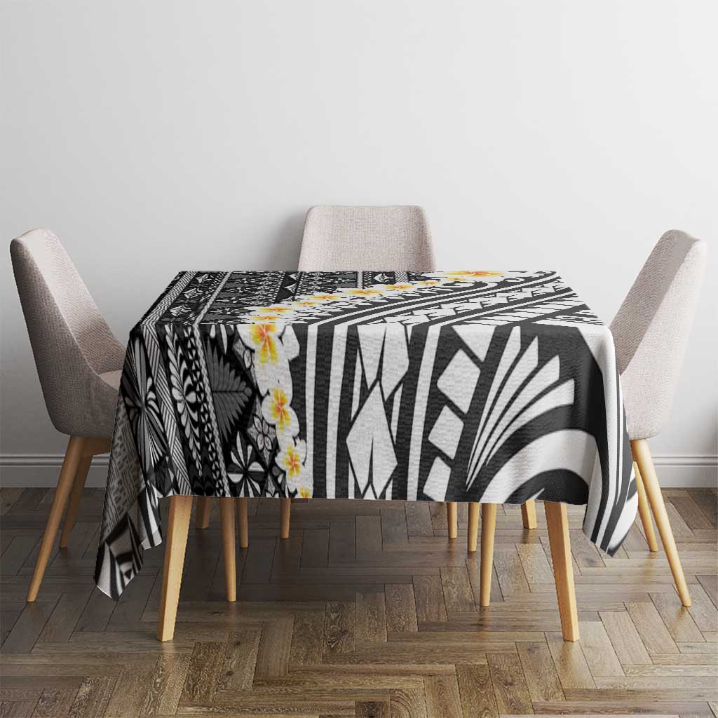 Black Vintage Tonga Ngatu Pattern With Plumeria Tablecloth - Polynesian Pride