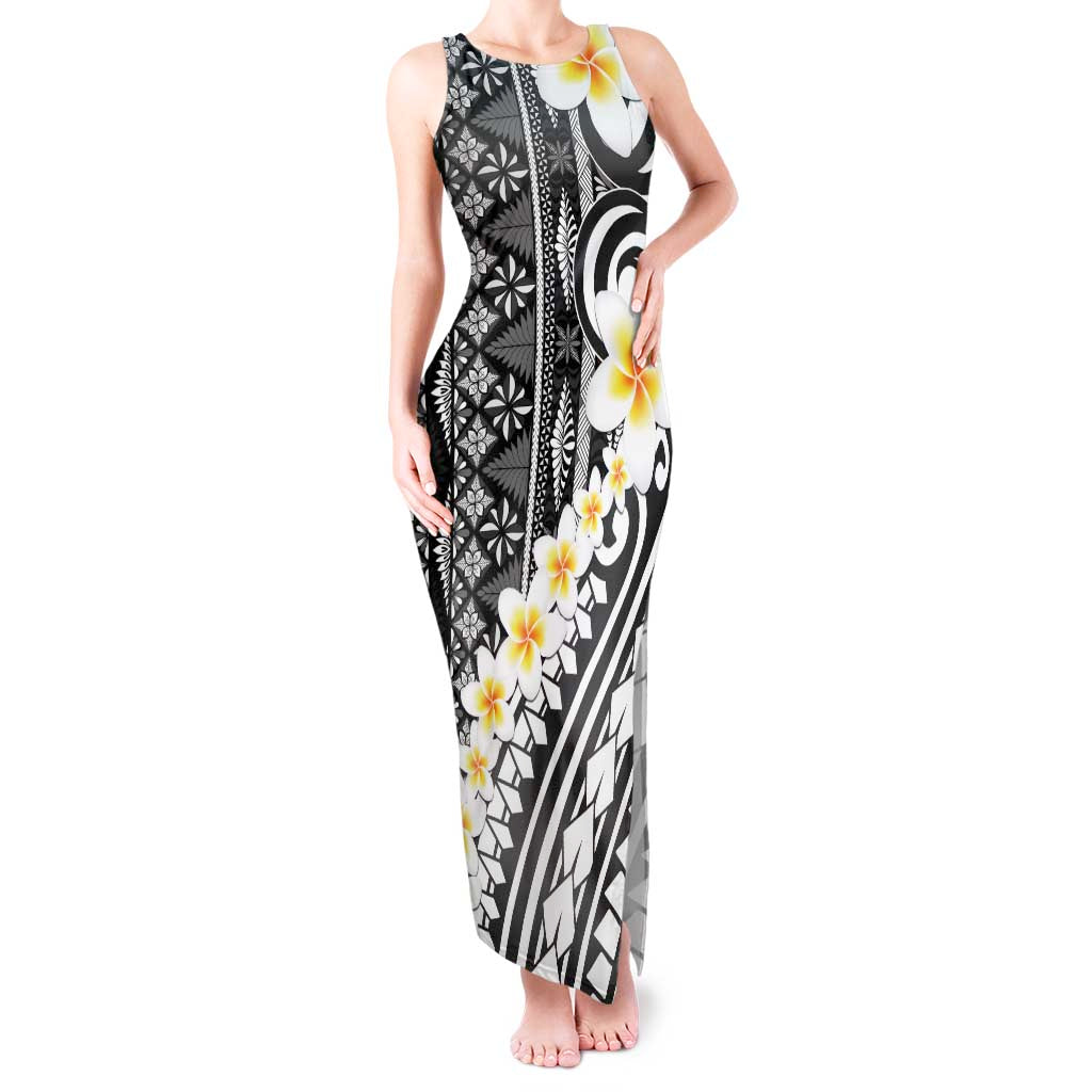 Black Vintage Tonga Ngatu Pattern With Plumeria Tank Maxi Dress - Polynesian Pride