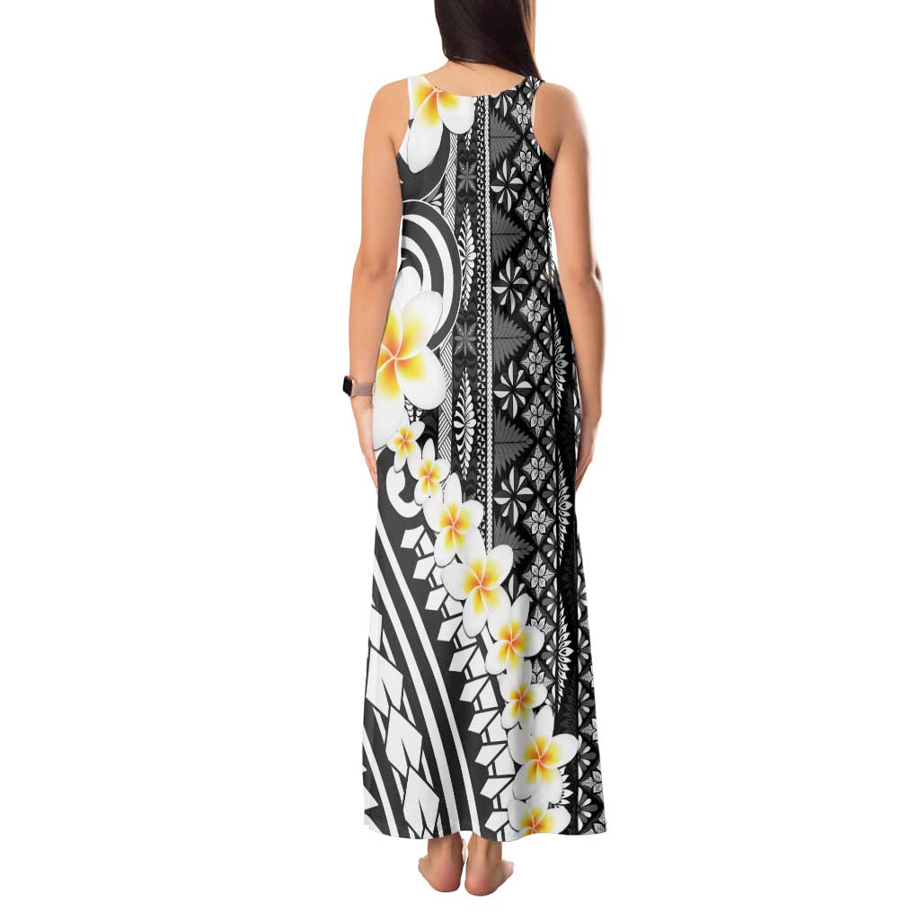 Black Vintage Tonga Ngatu Pattern With Plumeria Tank Maxi Dress - Polynesian Pride