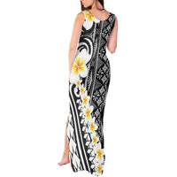 Black Vintage Tonga Ngatu Pattern With Plumeria Tank Maxi Dress - Polynesian Pride