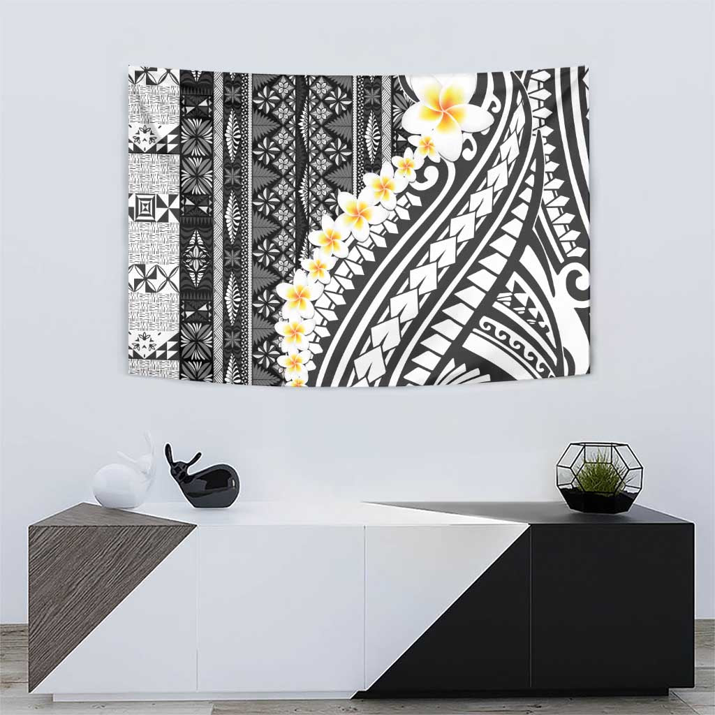 Black Vintage Tonga Ngatu Pattern With Plumeria Tapestry - Polynesian Pride