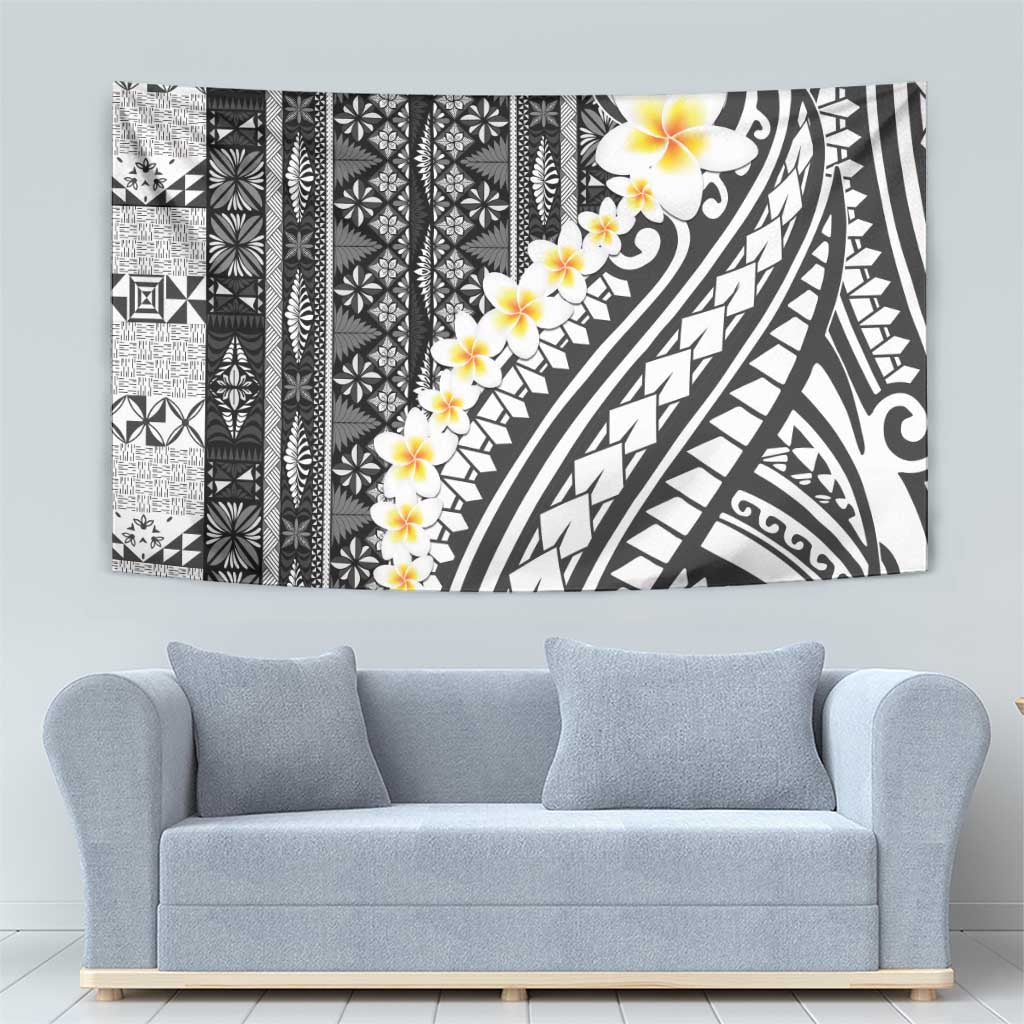Black Vintage Tonga Ngatu Pattern With Plumeria Tapestry - Polynesian Pride