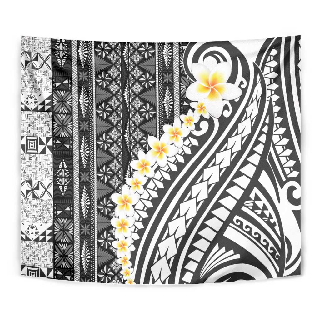 Black Vintage Tonga Ngatu Pattern With Plumeria Tapestry - Polynesian Pride
