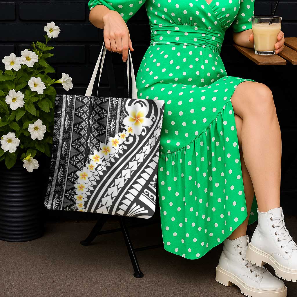 Black Vintage Tonga Ngatu Pattern With Plumeria Tote Bag - Polynesian Pride