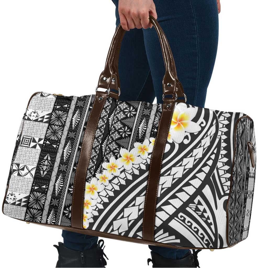 Black Vintage Tonga Ngatu Pattern With Plumeria Travel Bag - Polynesian Pride