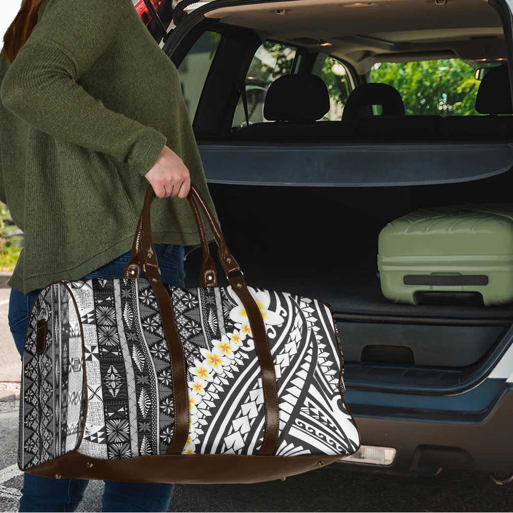 Black Vintage Tonga Ngatu Pattern With Plumeria Travel Bag - Polynesian Pride